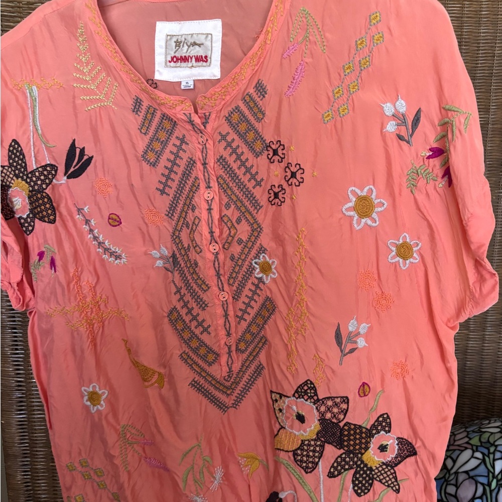 Johnny Was Coral Graphic Embellished Blouse with Mandarin Collar